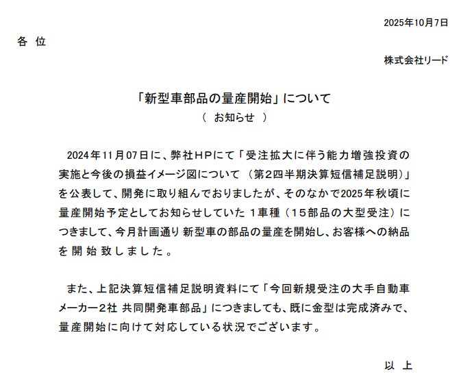 (株)リード【6982】 10/7に発表ありましたよ 「新型車部品の量産開始」 について 2024年11月07日に、弊社HPにて 「受注拡大に伴う能力増強投資の 実施と今後の損益イメージ図について (第2四半期決算短信補足説明)」 を公表して、開発に取り組んでおりましたが、そのなかで2025年秋頃に 量産開始予定としてお知らせしていた 1車種 (15部品の大型受注) に 量産開始に向けて対応している状況でございます。 つきまして、今月計画通り 新型車の部品の量産を開始し、お客様への納品 を 開 始 致 し ま し た 。 また、上記決算短信補足説明資料にて 「今回新規受注の大手自動車 メーカー2社 共同開発車部品」 につきましても、既に金型は完成済みで、 量産開始に向けて対応している状況でございます。