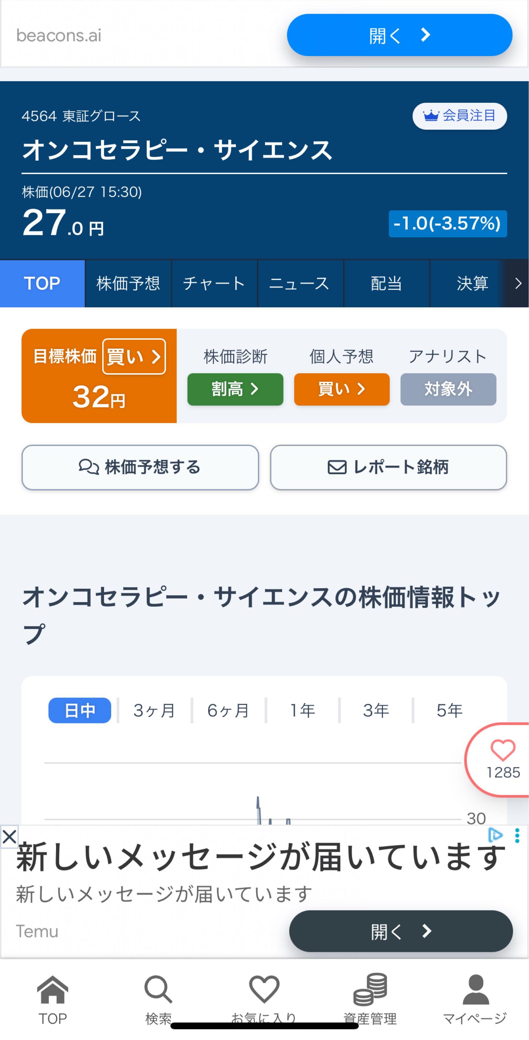 No.832688 今日は上がります。 買いですか… - オンコセラピー・サイエンス(株)【4564】の掲示板 2025/06/28〜2025 ...