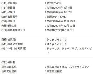 (株)カイオム・バイオサイエンス【4583】 DoppeLibの商標登録が完了したようです。 また、サンディエゴで ポスター発表があるようです。 ポスタータイトル:Harnessing the DoppeLib™ Technology to Transform Multispecific and Biparatopic Antibody Discovery Celebrate 25 Years of Innovation at PepTalk: The Protein Science and Production Week January 19-22, 2026 https://www.chi-peptalk.com/poster-titles
