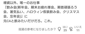 NANO ホールディングス(株)【4571】 『経験豊富な経営陣』が揃っている。 と豪語している、このペーパーカンパニーの 新任役員は 社員数十人のEC支援小会社で 3年もの経験を積んだ新人。。 この会社の底が知れる。 (CAになるのは大変。小さい会社の方が経験を積める。 が、『役員』とは話が別) 昨日の投稿は 投稿後、関係者なのか、秒で「いいえ」が8付きましたが その後の反応は「はい」が多数でしたね。 成果の無い政党をオールドメディアが擁護しても 民衆は騙せない。のと同じ