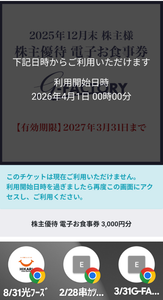 Ｇ－ＦＡＣＴＯＲＹ(株)【3474】 【　株主優待　到着　】　(100株)　3,000円分食事券（電子チケット） ー。