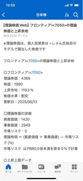 (株)フロンティアインターナショナル【7050】 理論株価割安