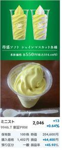 ミニストップ(株)【9946】 株主優待のソフトクリーム無料券で「特盛ソフトシャインマスカット」5個2,970円をテイクアウト。 爽やかな甘さと濃厚な香りが絶妙。 僕は基本的に株主優待よりも安定配当、累進配当株を重視する方針ですが、こうした「引換型」の優待は物価上昇の中でも価値が目減りしにくく、実感できるお得感がある点がいいですね。 店舗数が少なめですが、僕の保有する京王電鉄の沿線には点在しているため、電車全線株主優待パスを活用しての立ち寄りにも便利で、ありがたく活用しています。  暑い夏も所有する電車全線株主優待パス（さらに6末から東京メトロ全線株主優待パスも加わって）で快適に移動！