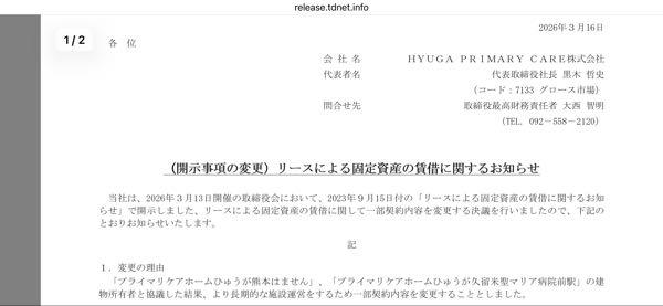 ＨＹＵＧＡ ＰＲＩＭＡＲＹ ＣＡＲＥ(株)【7133】 リース期間30年に変更とな