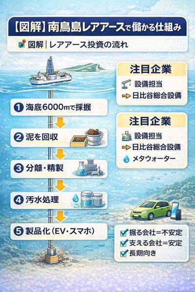 メタウォーター(株)【9551】 南鳥島のレアアース泥の恩恵ありで上昇か？  ① 精製工場には設備が必須 &rarr; 必ず仕事が発生する  ② 国の研究施設と相性がいい &rarr; 国策案件に強い  ③ 本業が安定している &rarr; 失敗しても会社が揺らぎにくい