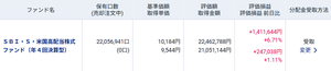 SBI・S・米国高配当株式ファンド(年4回決算型)【8931224C】 普段は一括投資しませんが 動画に触発され　当初に大量に買った分の 単価下げに苦労しました。 しかし特定口座で運用してたので、 何とかなりました。 現在はオリーブで10万/月で追加中です。 （ポイントも貰えるので）
