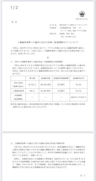 (株)テレビ朝日ホールディングス【9409】 東証の上場維持基準未達銘柄指定の件については、流通株式比率の基準を充たす対処済みなので、影響は無いと思っています！  https://www.tv-asahihd.co.jp/pdf/ir_news/pdf/2025/20250602_1.pdf