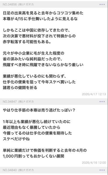 (株)ナガオカ【6239】 何度も警告したように3Qで赤字転落を予想していたけど、ギリギリ踏み止まったね。  しかし業績悪化してるのは猿でも分かったのに、1800円超えても逃げなかったのは仕手化狙いのスケベしかいないから自業自得だね  中長期視野だと3桁円までは確実に落ちるだろうな