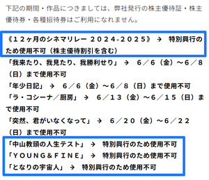 武蔵野興業(株)【9635】 ※株主優待券・招待券は、特別興行のため使用不可　　ー。