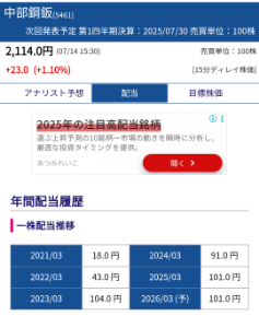 中部鋼鈑(株)【5461】 【配当の魅力】 中間と期末を同額に配慮してくれる会社って少ないよね?  わかります？この株主に対するやさしさ！