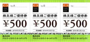 (株)クリエイト・レストランツ・ホールディングス【3387】 【 10年前(2015年) 】 優待到着(300株) 食事券6000円分 直近で200株買増し分は、大きな含み損(3000円割れ)。 合計500株保有で2月末に1:3分割で1500株になり、2016年の8月優待から15000円の食事券が届く予定に ー。