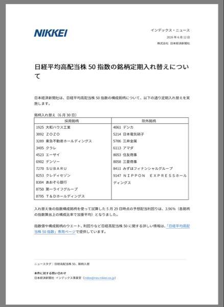 (株)クレディセゾン【8253】 https://www.nikkei.com/article/DGXZQOUB126OR0S6A610C2000000/ 日経高配当株50、第一ライフなど11銘柄採用 2026/6/12 16:30 日本経済新聞社は、日経平均株価の構成銘柄のうち配当利回りが高い50銘柄で算出する「日経平均高配当株50指数」の定期見直しで、第一ライフグループなど11銘柄を新たに採用する。一方でみずほフィナンシャルグループなど8銘柄を除外する。昨年の定期見直し以降に外した銘柄がある影響で、除外は採用より少ない。30日の算出から適用する。 構成銘柄は5月末の予想配当利回りをもとに選んだ。入れ替え後の銘柄で試算した予想配当利回り(各銘柄の構成比で加重平均)は、同時点で3.96%だった。 【採用】 ハウス、ZOZO、東急不HD、クラレ、エーザイ、デンソー、SUBARU、クレセゾン、あおぞら銀、第一ライフ、T&D 【除外】 デンカ、日電硝、三井金属、アマダ、住友商、三菱商、みずほFG、NXHD