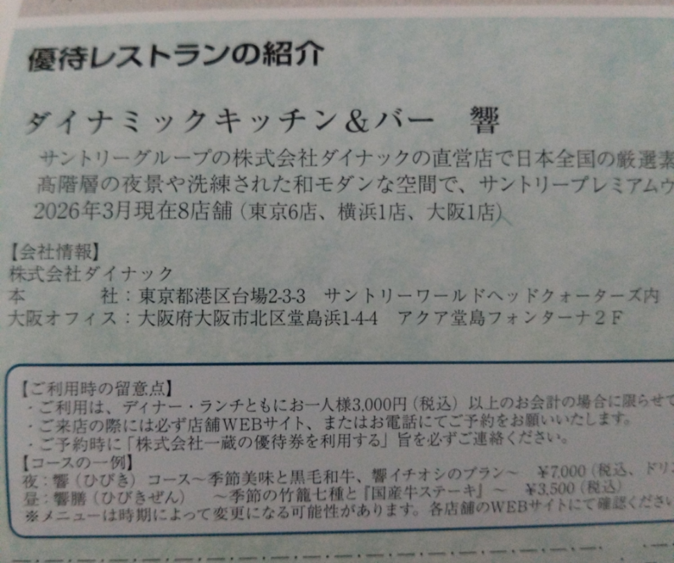 (株)一蔵【6186】 株主通信に響のランチでも優待券使えると書いてあった！