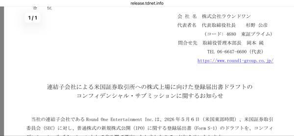 (株)ラウンドワン【4680】 書類だしたお知らせ？？