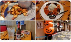 (株)WDI【3068】 ハローウィーン風味のババガンプシュリンプでカボチャとししんとうとソーセージのシュリンパーズネットキャッチを食してきました! 会員限定ランチの魚介のアメリカンソースバターライス添えも。バドはアメリカチックにラッパ飲み?