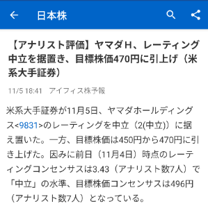 (株)ヤマダホールディングス【9831】 目標株価470円に引き上げとあるな。