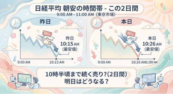 ピストン西沢とhinaの投資部屋 2019/12/03〜 昨日の相場で日経平均が安値をつけたのは10時15分、本日安値をつけたのは10時26分と、そのくらいの時間まで寄り後すぐから大きな売り物を出している主体がいるのかもしれません。  これが明日も続くのかはわかりませんが、この2日間は10時半近くまで売り続けた主体がいたということでしょう🤔💭