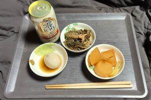 NTTの愉快な仲間たち 今日のアメちゃん良いので祝杯@ノンアル 大根煮(メイ氏触発) 刻み昆布煮(作り置き解凍) 煮卵 ﾌﾝﾌﾝﾌﾝ~♪