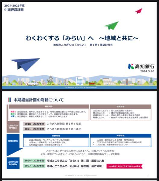 (株)高知銀行【8416】 高知銀行の今後を勝手に妄想してみました😄  高知銀行は2024～26年度の中計が 「地域とこうぎんの『みらい』第Ⅰ期：展望の共有」  そして2027～29年度は 「第Ⅱ期：共に実現」  個人的には、今後の高知銀行には4つのシナリオがあると思っています。  A案：トモニHDとの経営統合  一番気になっているパターン。  トモニHD傘下には香川銀行＋徳島大正銀行があり、仮に高知銀行が加われば、  香川＋徳島＋高知の「四国3県第二地銀グループ」  ができる。  しかも香川銀行、徳島大正銀行、高知銀行は、いずれも基幹系システムが日立NEXTBASEという共通点がある。  さらに経営トップも興味深い。  高知銀行の河合祐子頭取は日銀出身で、元日銀高知支店長。  トモニHDの中村武社長も日銀出身で、元日銀高松支店長。  両氏とも日銀勤務と四国での支店長経験を持つという共通点がある。 もちろん、これが経営統合を意味するものではありませんが、面白い組み合わせです。  トモニHD方式なら、  トモニHD ├ 香川銀行 ├ 徳島大正銀行 └ 高知銀行  のように、高知銀行のブランドや地域基盤、現在の経営体制を一定程度残しながらグループ化する形も考えられる。  そして高知銀行の次期中計が&hellip;&hellip;  「共に実現」  まさかの 「共（トモニ）に実現」🤣  だったら出来すぎ（笑）  B案：四国銀行との県内再編  高知県の第一地銀＋第二地銀という王道の県内再編。 店舗、本部機能などの重複が大きい分、合理化効果は期待できそう。  一方、高知銀行側からすると、銀行合併まで進めば独立性や現在の経営体制を維持しにくくなる可能性もある。  C案：SBIグループとの連携深化  高知銀行は既にSBIグループとの接点がある。 経営統合ではなく、資本・業務面で関係を深め、DX、金融商品、運用などを強化しながら高知銀行として独立を維持するパターン。  D案：単独路線  河合頭取の改革をそのまま進める。 金利のある世界で本業収益を改善し、信用コストを正常化、ROEを引き上げて企業価値向上を目指す。  現時点でA～Cについて経営統合等が発表されているわけではなく、あくまで個人的な仮説・妄想です。  ただ、四国では地銀再編が動き始めています。  高知銀行も2027年度から「共に実現」へ。  次期中計で 「外部連携」「広域連携」「共同化」「資本政策」 がどう書かれるのか注目しています👀  さて、高知銀行は誰と「共に実現」するのか。  2027年の新中計、楽しみにしています😊