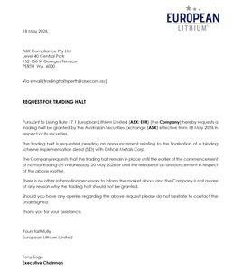 クリティカル・メタルズ【CRML】 European Lithium Limited社より証券取引停止の申請が、5月18日付けで行われたようです。 今晩か19日の夜中までに何らかの発表行われ、推測は「拘束力のあるものになる。」ということです。 合併完了までではまだ時間が必要ですが、これで破談リスクや疑念が取り除かれることになると思われます。いよいよですね！ --- European Lithium Limited（ASX: EUR）（以下「当社」）は、2026年5月18日より、当社証券についてオーストラリア証券取引所（ASX）による取引停止を認めていただくよう要請します。 今回の取引停止は、Critical Metals Corp.との間で、拘束力のあるスキーム実施契約（SID）の最終化に関する発表を予定しているため要請するものです。 当社は、この取引停止が、2026年5月20日（水）の通常取引開始時、または上記事項に関する発表が公表される時点のいずれか早い時点まで継続されることを要請します。