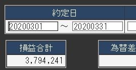 凡人の妄想トレーディング またまた遅れ馳せながら････汗 3月（3/1～3/31)の決済状況です。 コロナウィスル感染が拡大し、相場は大混乱。 ファンダもテクニカルも意味をなさない混沌相場。   自分は、スイング主体の夜専門トレーダーなので、日中は放置･････汗 かなりRiskyでしたが、証拠金維持率を安全圏？と思われるところで、終始トレードしていました。 クロスで言えば、1,2円我慢して結果的に利益を出して決済などなど。  そして、夜限定ですが大きな流れが来れば、それに乗る。  不得意なスキャにも手を出して･････汗   気がつけば、単月ベースで過去3番目の利益を出しました。  決済金額は、画像の通りですが･････  内訳は、 USD/JPY SおよびL 301,316  EUR/JPY SおよびL 97,095  GBP/JPY L 2,593,116  GBP/USD L 84,937  EUR/USD S 368,613  EUR/GBP S 327,153  AUD/JPY S 10,500  TRY/JPY L 　　　　　11,400　  スワップポイント マイナス17,523  計算があわないので、なにかを忘れています。･････汗