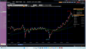 TOPIXベア上場投信【1569】 東証大引け　日経平均は反落　AIや半導体に売り、内需は買い 国内株概況 2025年11月21日 金曜日15:58 21日の東京株式市場で日経平均株価は反落し、終値は前日比1198.06円（2.40%）安の4万8625.88円だった。前日の米ハイテク株安を引き継ぎ、東京市場でも人工知能（AI）や半導体関連株が軒並み売られた。午後は下げ幅を1300円あまりまで拡大する場面があったが、内需関連の好業績銘柄などには消去法的な買いが入り、相場全体の地合いを下支えした。  前日の米市場ではダウ工業株30種平均など主要3指数が下落した。好決算を手掛かりに買いが先行した半導体大手エヌビディアが下げに転じ、米株全体の地合いを冷やした。東京市場でもアドテストやソフトバンクグループ（SBG）といった値がさのAIや半導体関連株の急落が日経平均を押し下げた。  下値では、根強い日本株の先高観から海外短期筋などが押し目買いを入れ、日経平均は下げ渋る場面もあった。SMBC信託銀行の山口真弘投資調査部長は「決算発表後の出遅れ銘柄を拾う動きなどもみられ、意外に底堅い印象はある」と話す。一方で「日中の対立が深刻化・長期化した場合は、日本株へのネガティブな影響は免れない」と指摘。また、AIや半導体、訪日外国人といったテーマを失うと、日本株は年末にかけて上値が重くなるともみていた。  東証株価指数（TOPIX）は反落した。終値は1.84ポイント（0.06%）安の3297.73だった。JPXプライム150指数も反落し、6.44ポイント（0.45%）安の1429.78で終えた。  東証プライムの売買代金は概算で8兆9565億円、売買高は33億7217万株だった。東証プライムの値下がり銘柄数は273。値上がりは1317、横ばいは22だった。  フジクラやイビデン、ディスコが下げた。一方、ファストリや信越化、バンナムHDは上げた。  〔日経QUICKニュース（NQN）〕