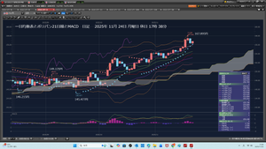 TOPIXベア上場投信【1569】 2025年11月24日　月曜日休日　朝指値ドタキャンして、 SUバンクのみで、400で買った。今は、基準線より上だ。 400　　　→　　156.670円　　→　　25531.37 2025年11月24日 07:40:17  2025年11月24日月曜日休日20時38分 今日は、金属疲労だ。筋トレは、5コースした。 そのウオーキング3650歩だ。 続けることだ。