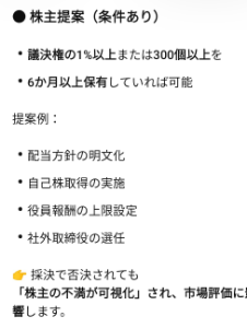 (株)Ｋａｉｚｅｎ Ｐｌａｔｆｏｒｍ【4170】 議決権300個以上ある個人の株主様へ  お世話になります。 今年ももうすぐ終わりますが、 本銘柄所持につきましては心底つらい思いをされているかと思います。小生には議決権300個以上の購入する財力がないため難しいですが、 もし議決権300個以上ある個人の株主様がいらっしゃるのであれば株主提案議決権というやり方もございます。 大株主が議決案を否決する可能性が高いですが、市場に対してアクションを示す行為としては大いにありかと思いますので、 ぜひご検討戴けたらと思います。 株主の皆様が来年は笑ってここを売却出来る事を祈念しております。
