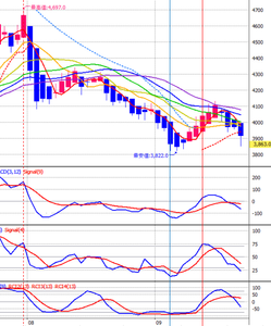 (株)日立製作所【6501】 予想どおり今日も下がりました。 もう少し下げると思われます。 下図、赤色直線が天井打ち日、青色直線が底打ち日を示します。（図はクリックで拡大可）