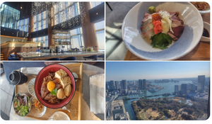 (株)ＤＤグループ【3073】 カレッタ汐留46階水色にて4回目のランチです。 おなじみ定番の「海の幸あれこれ海鮮丼　松前醤油」と「国産牛リブロース肉のすき焼き丼」