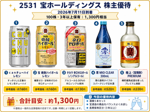宝ホールディングス(株)【2531】 【　株主優待　到着　】　(100株  3年以上) 1,300円相当　で選択した 「酒類等詰め合わせ」 ５点　（ChatGPT画像作成）ー。