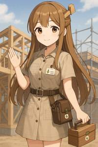 (株)シー・エス・ランバー【7808】 シー・エス・ランバーの萌えキャラを作成してみた。  🌟キャラクター設定：シーエス プレカットさん  🪵基本プロフィール 名前：シーエス プレカット（CS Precut）  年齢：16歳（木造建築の未来を担う若き匠）  性格：几帳面で職人気質、でも現場ではほんわか癒し系。木材の声が聞こえる（らしい）。  口癖：「この木、いい感じに乾いてますね…♪」  出身地：千葉県幕張本郷（本社所在地にちなんで）  🎋ビジュアル・モチーフ 髪型：木目調のグラデーションロングヘア（ヒノキ×スギのツートン）  髪飾り：木材を模したかんざし（在来軸組工法の継手をモチーフにした意匠）  例：追掛け大栓継ぎや蟻継ぎをミニチュア化したデザイン  季節によって樹種が変わる（春は桜材、秋は栗材など）  服装：CAD図面が刺繍された作業着風ワンピース＋腰に工具ベルト  小物：合法木材認定証のチャーム／プレカット加工機型のポーチ  🏗️キャラの役割・世界観 職業：プレカット職人見習い＋建築現場の案内人  使命：現場の効率化と環境配慮を両立させる「木の守り人」  趣味：木材の産地巡り／CAD設計の模写／構造プレカットの研究  特技：木材の含水率を触って判別／構造計算を暗算でこなす  好きな言葉：「持続可能な社会」「合法木材」「軸組みの美」