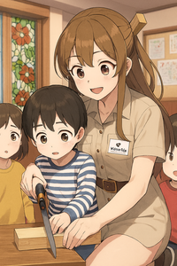 (株)シー・エス・ランバー【7808】 園児にのこぎりの使い方を指導。