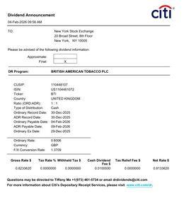 ブリティッシュ・アメリカン・タバコ【BTI】 アメリカ現地で2/9に支払われるドル建て配当金の金額が確定しました 為替レート　￡1＝＄1.3709 (前回より+$0.05845)  ￡0.6006&times;1.3709＝＄0.8233620 ADR Fee 1ADRあたり$0.01 Net１ADR配当金＄0.8133620 (前回より+$0.035105)   決算発表は2/12　AM7:00（GMT&plusmn;0）ですね