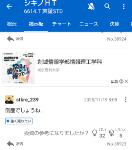 (株)シキノハイテック【6614】  >ボードメンバの皆様、 にお願いするより  倒産すると予測する方 33名で寄り付き 明日朝イチ各自一人300株成行売りすれば 明日の寄り付き値 新安値更新です。 皆で力を合わせ頑張って下さい。